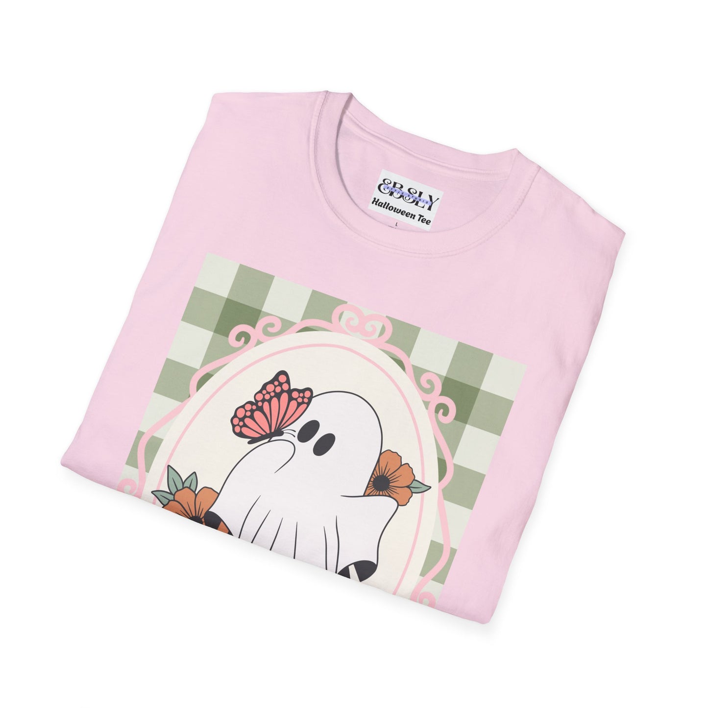 Cute Ghost and Butterfly Unisex Softstyle T-Shirt for Halloween, Casual Wear, Gift for Friends, Home Decor, Seasonal Fashion