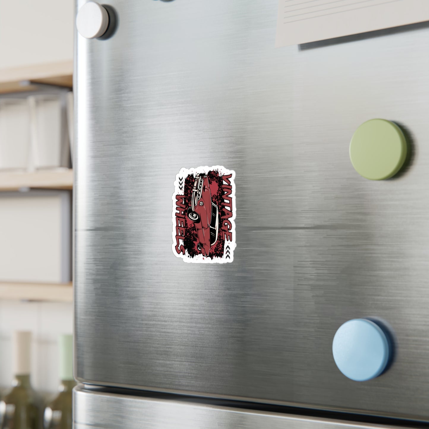 Vintage Wheels Kiss-Cut Vinyl Decal — Retro Red Classic Car Sticker