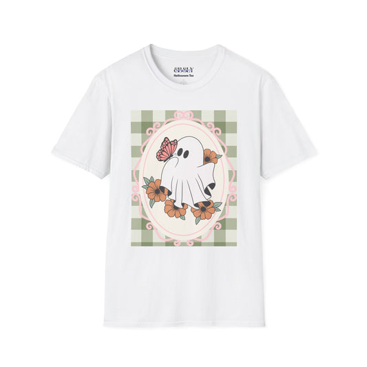 Cute Ghost and Butterfly Unisex Softstyle T-Shirt for Halloween, Casual Wear, Gift for Friends, Home Decor, Seasonal Fashion