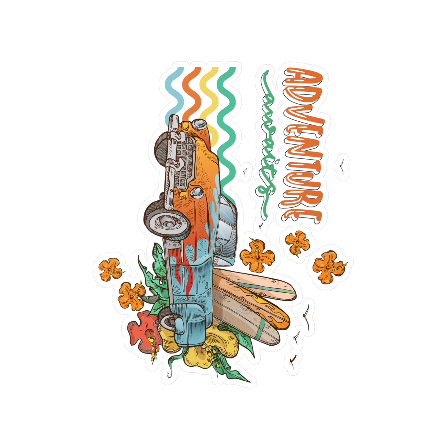 Adventure Awaits Vinyl Decal — Retro Surf Car Kiss-Cut Sticker