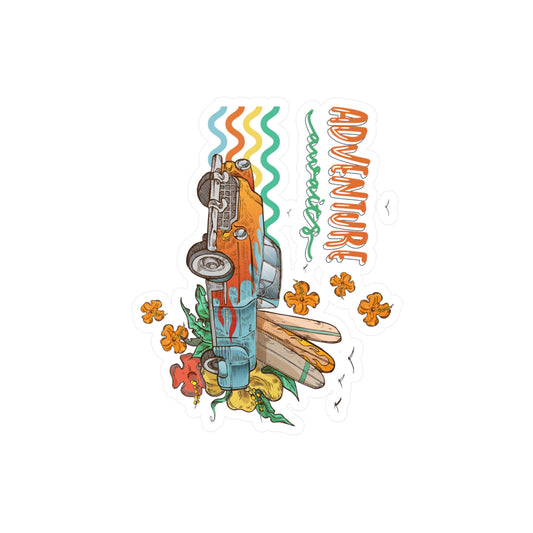 Adventure Awaits Vinyl Decal — Retro Surf Car Kiss-Cut Sticker