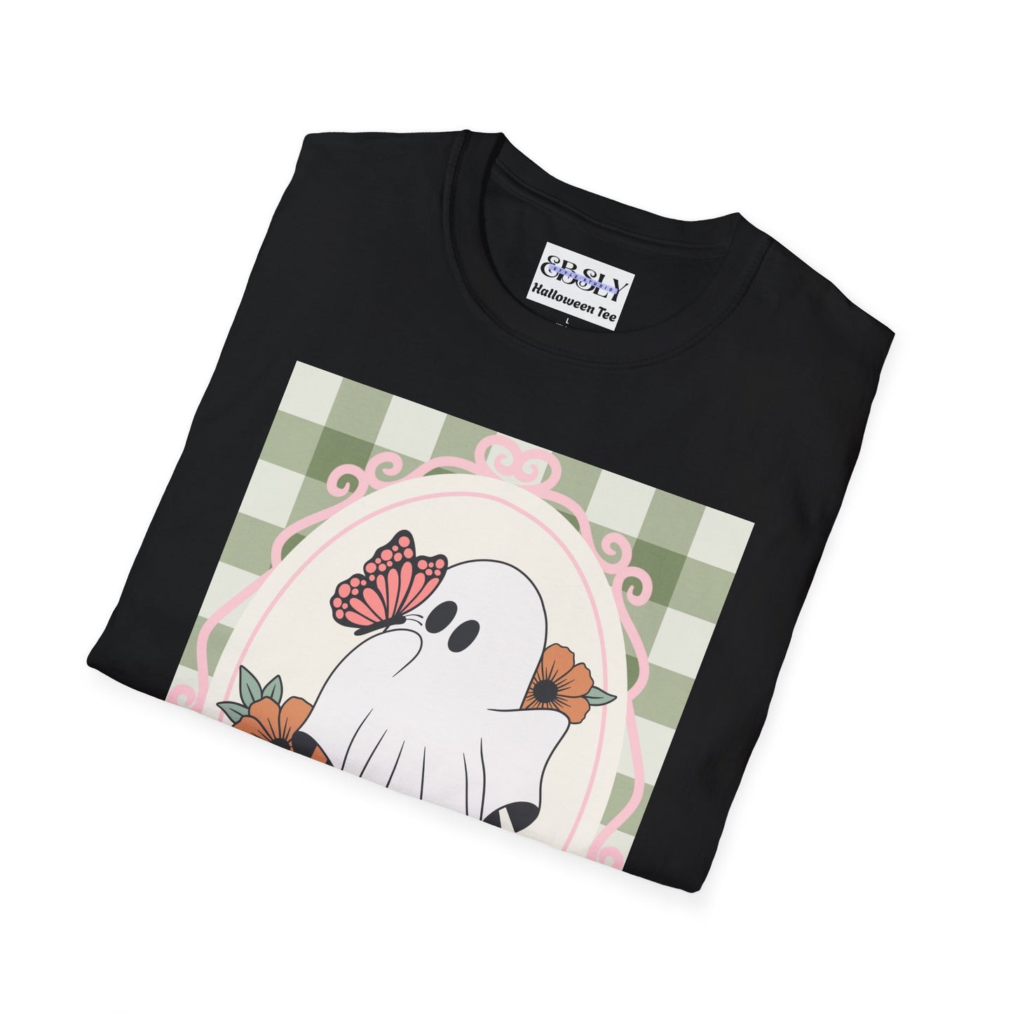 Cute Ghost and Butterfly Unisex Softstyle T-Shirt for Halloween, Casual Wear, Gift for Friends, Home Decor, Seasonal Fashion