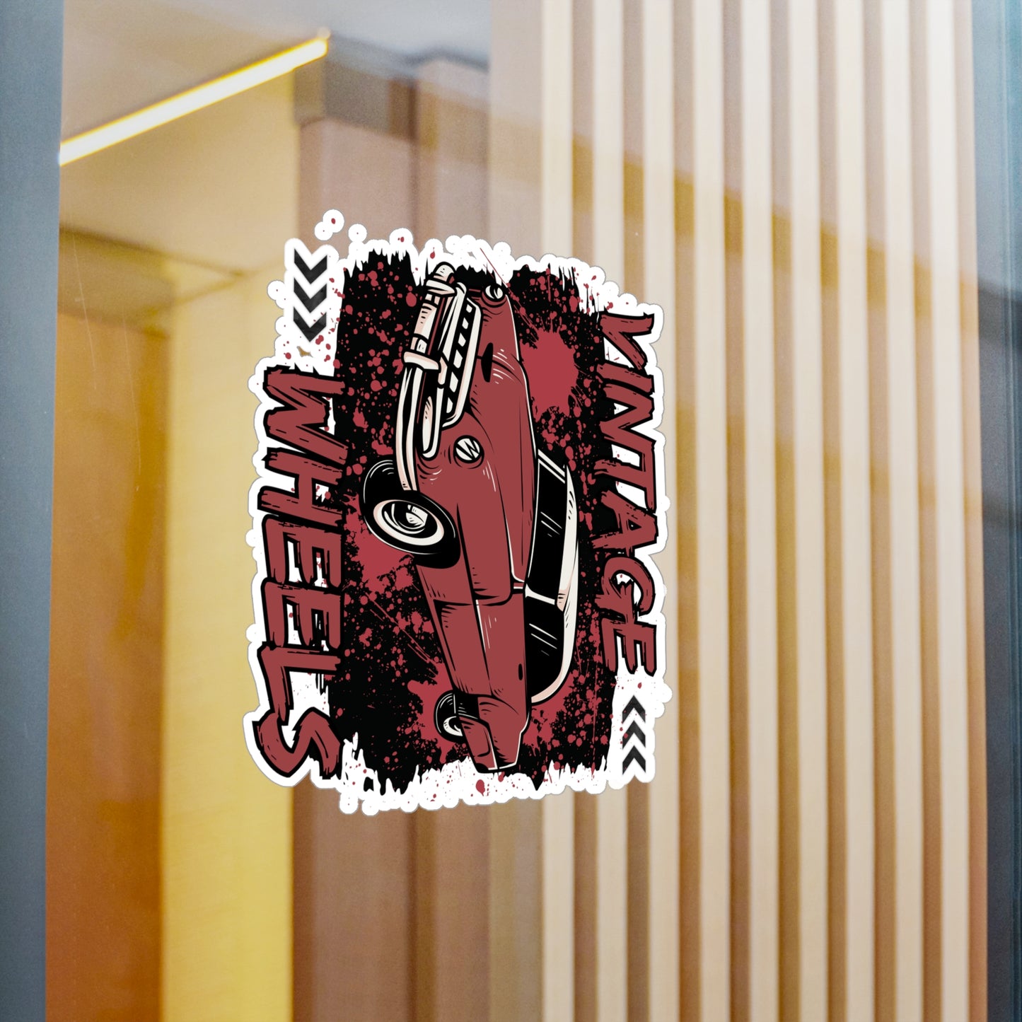 Vintage Wheels Kiss-Cut Vinyl Decal — Retro Red Classic Car Sticker