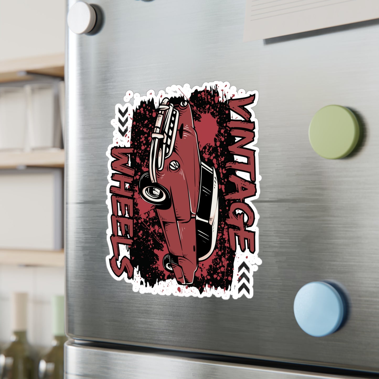 Vintage Wheels Kiss-Cut Vinyl Decal — Retro Red Classic Car Sticker