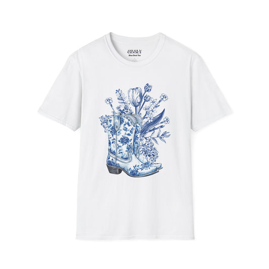 Blue Floral Western Boots T-Shirt, Unisex Tee, Casual Shirt, Country Style Apparel, Gift for Her, Spring Fashion