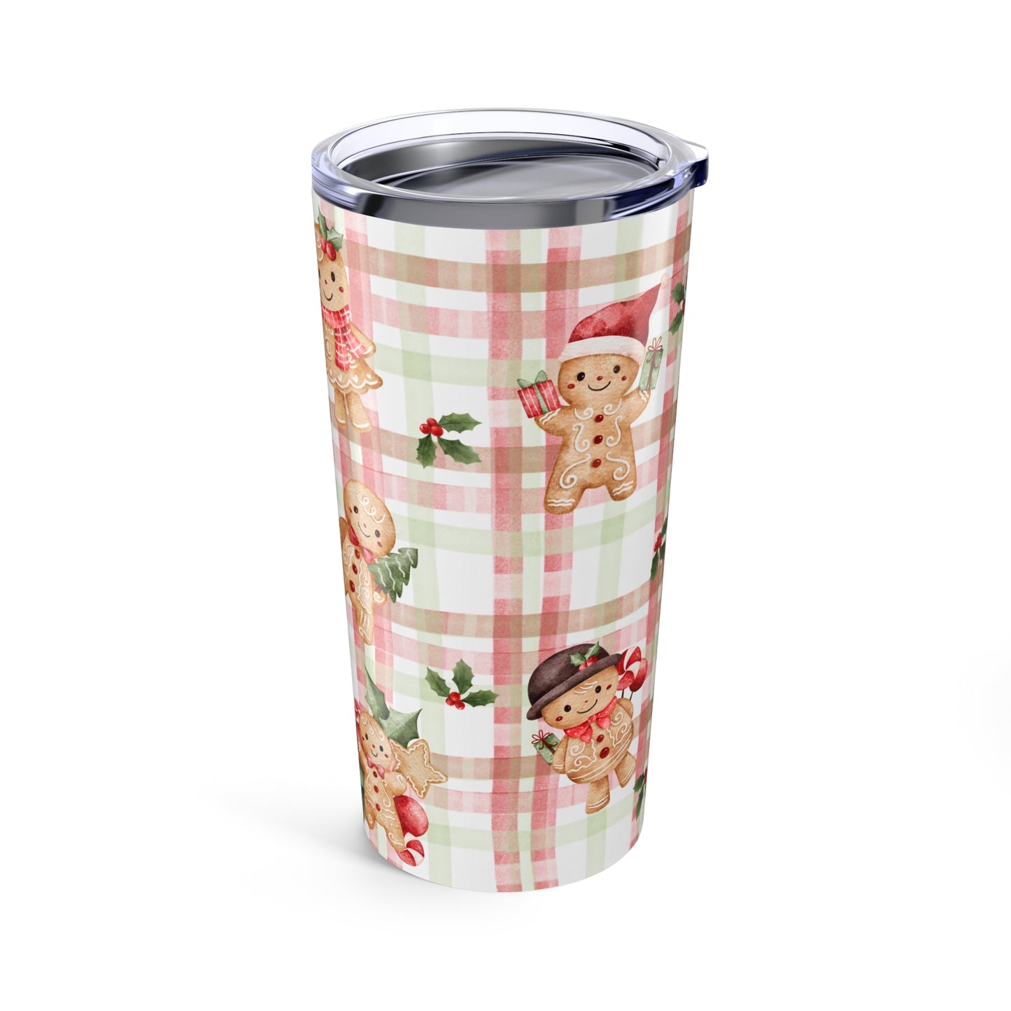 Gingerbread Plaid Christmas Tumbler 20oz | Holiday Cookie Pattern