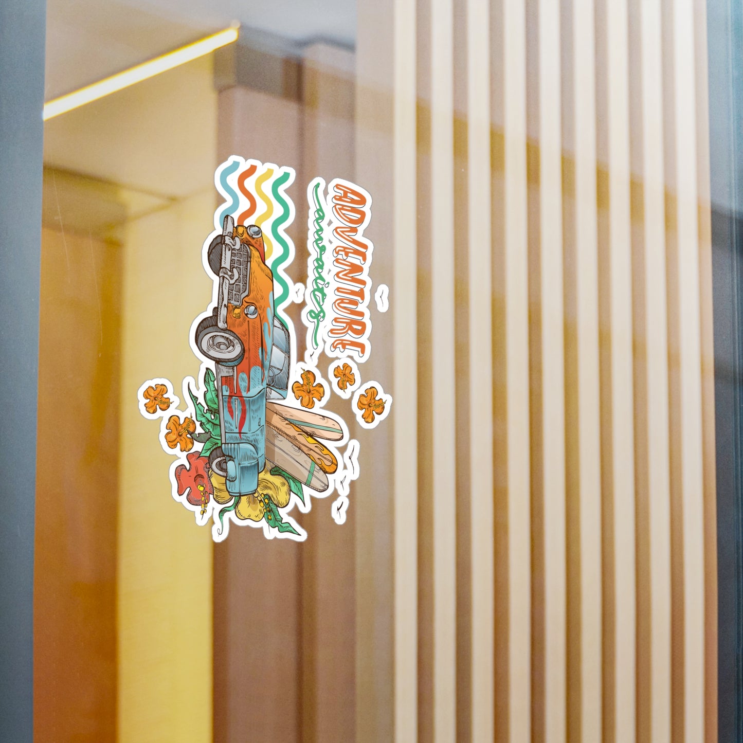 Adventure Awaits Vinyl Decal — Retro Surf Car Kiss-Cut Sticker