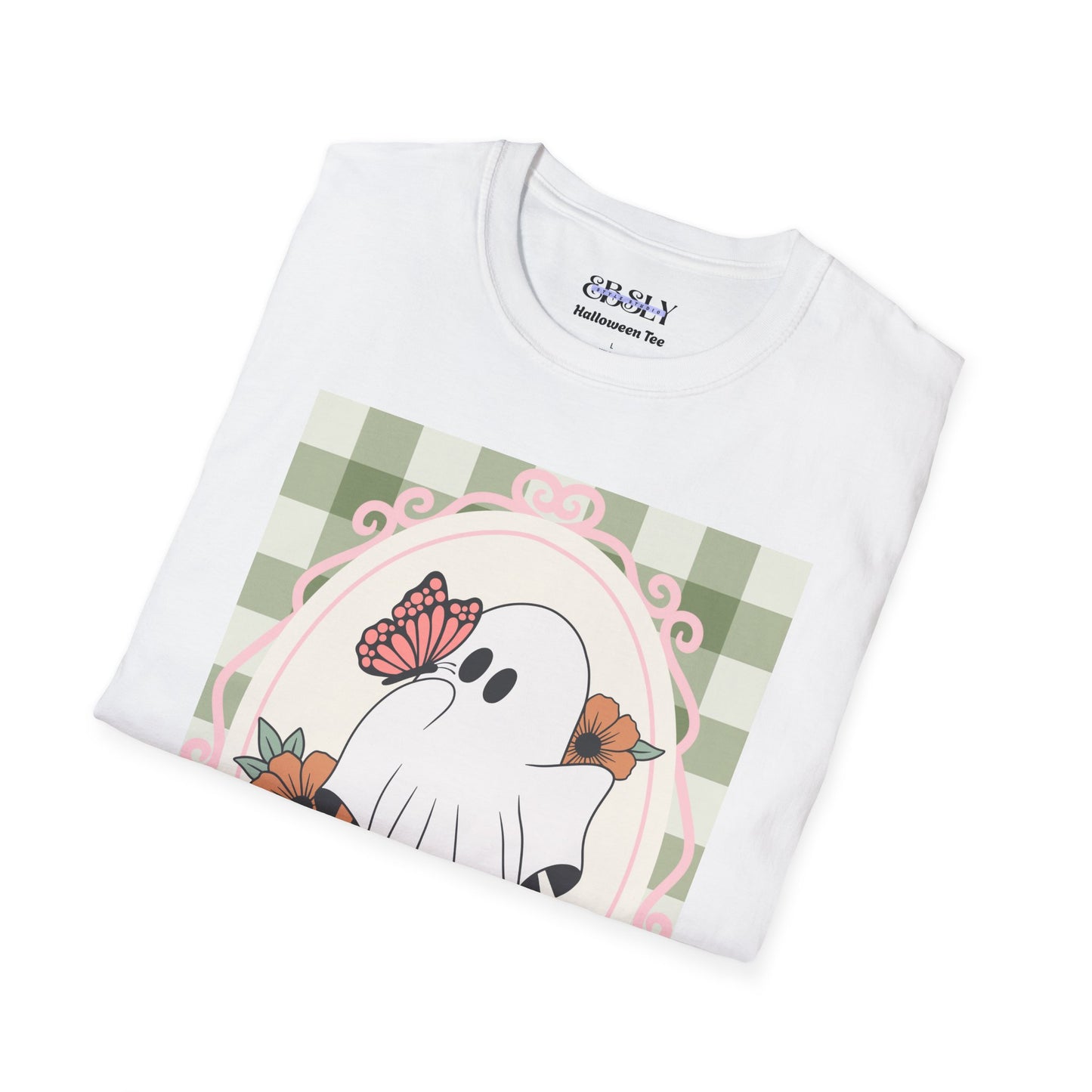 Cute Ghost and Butterfly Unisex Softstyle T-Shirt for Halloween, Casual Wear, Gift for Friends, Home Decor, Seasonal Fashion