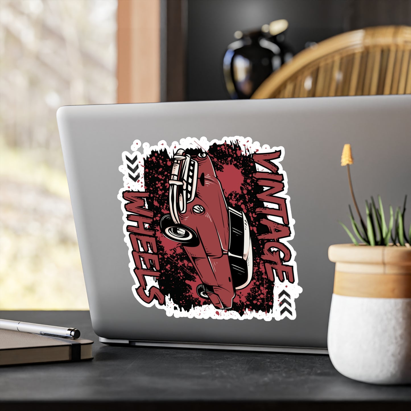 Vintage Wheels Kiss-Cut Vinyl Decal — Retro Red Classic Car Sticker