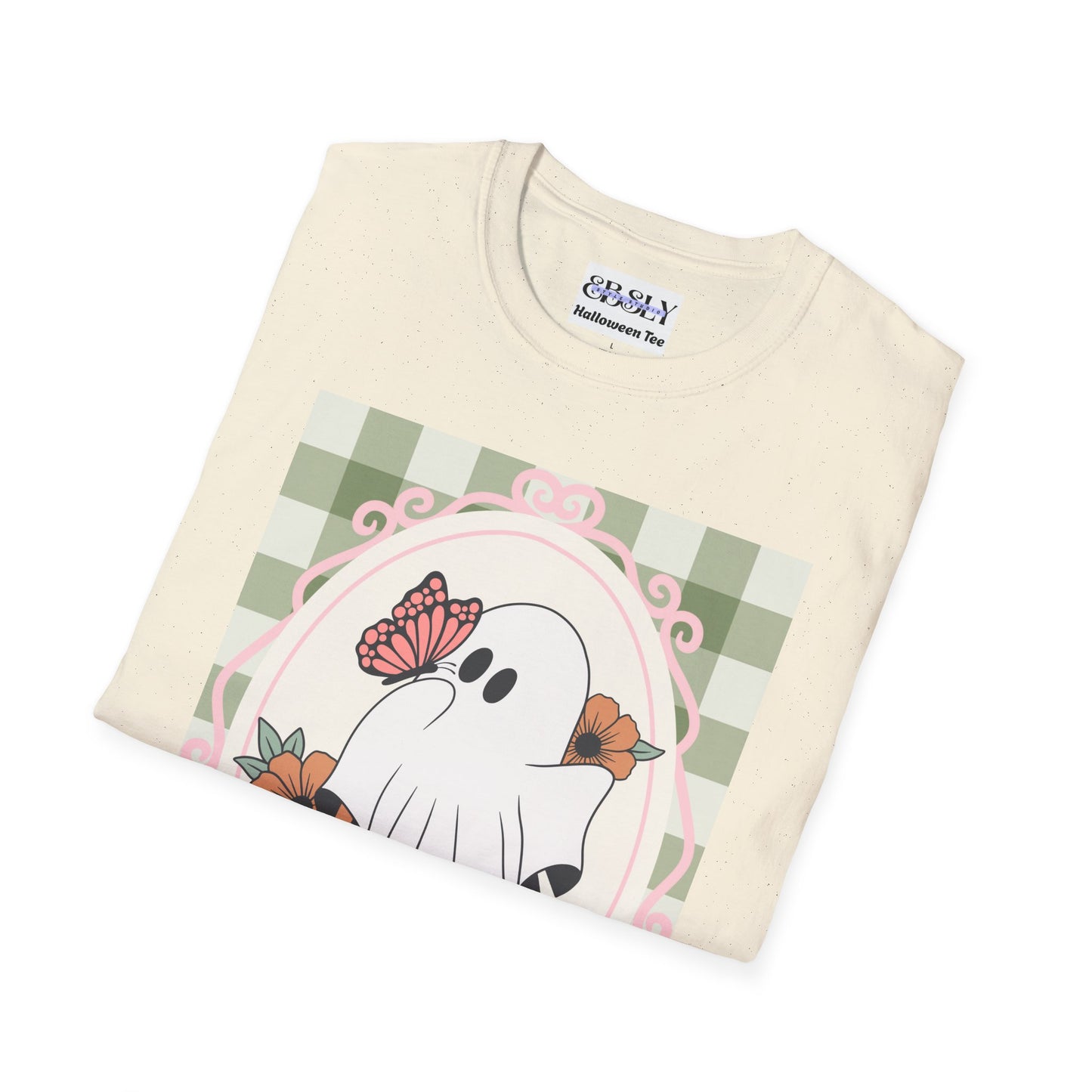 Cute Ghost and Butterfly Unisex Softstyle T-Shirt for Halloween, Casual Wear, Gift for Friends, Home Decor, Seasonal Fashion