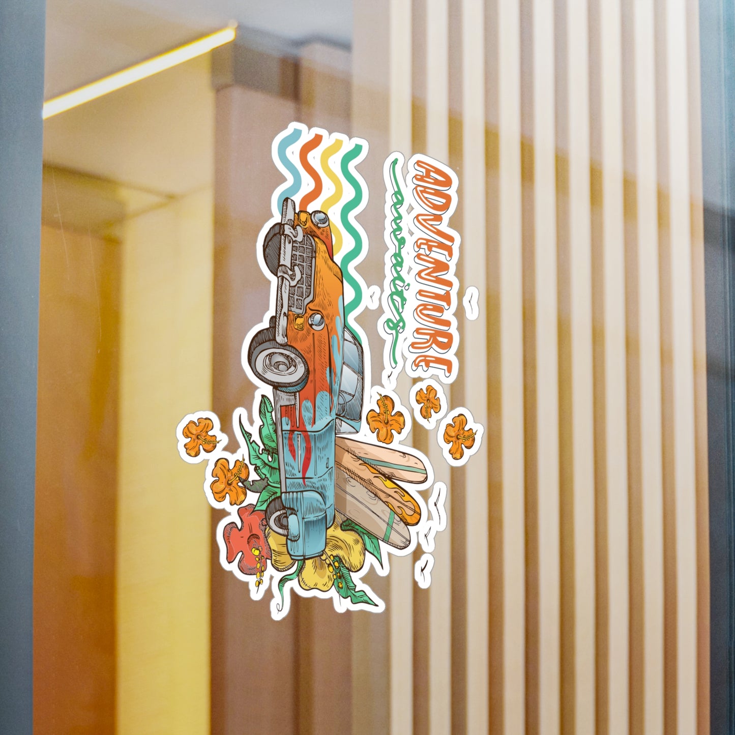 Adventure Awaits Vinyl Decal — Retro Surf Car Kiss-Cut Sticker