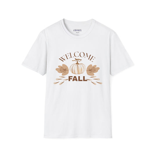 Welcome Fall Unisex Softstyle T-Shirt, Autumn Tee, Pumpkin Shirt, Fall Fashion, Seasonal Wear, Harvest Celebration Shirt