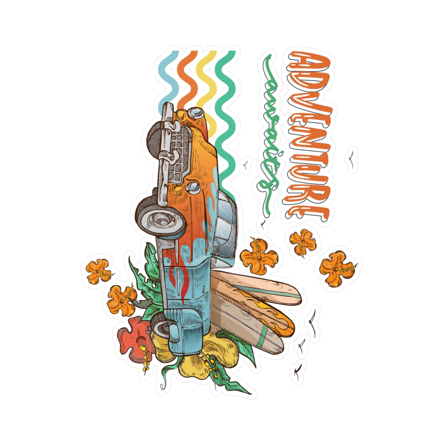 Adventure Awaits Vinyl Decal — Retro Surf Car Kiss-Cut Sticker