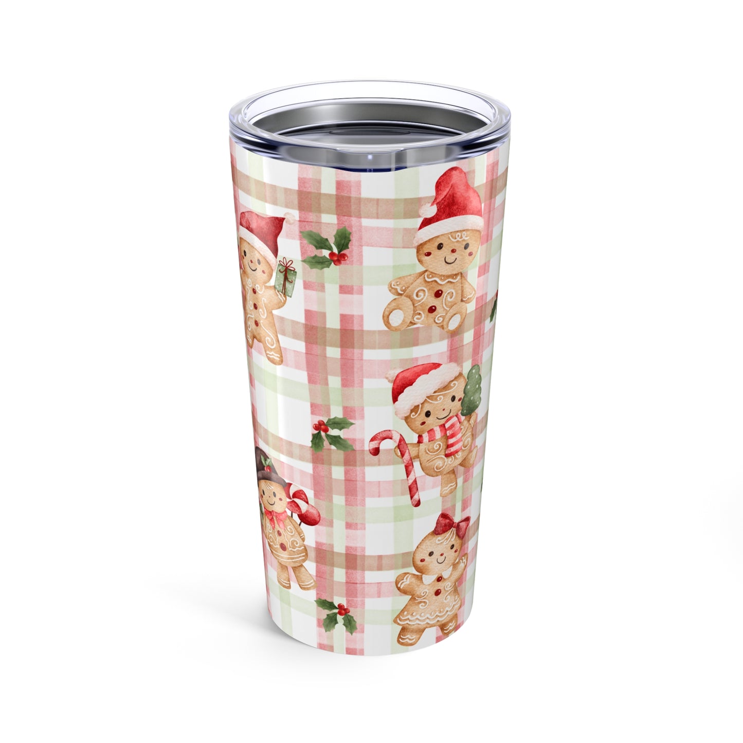 Gingerbread Plaid Christmas Tumbler 20oz | Holiday Cookie Pattern