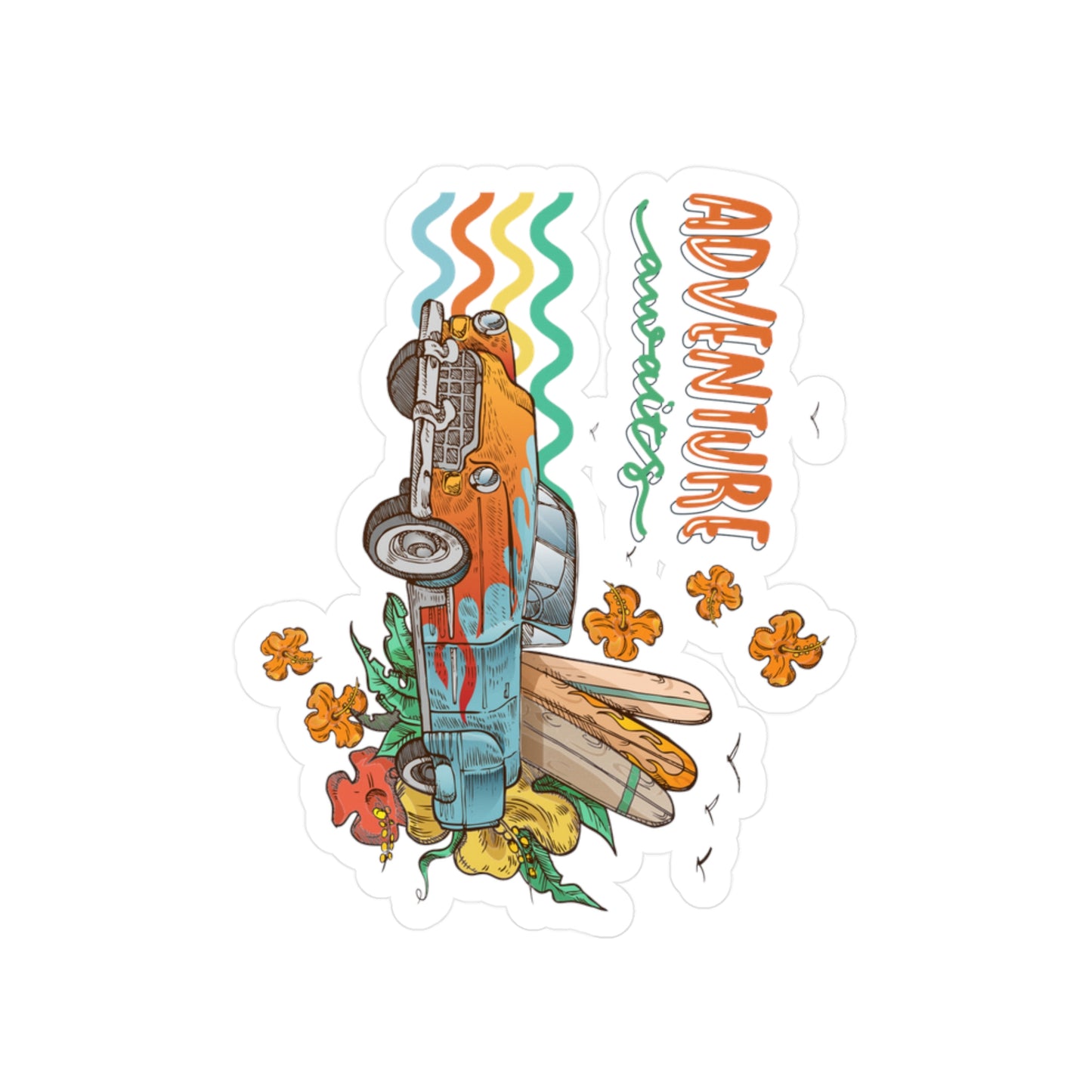 Adventure Awaits Vinyl Decal — Retro Surf Car Kiss-Cut Sticker