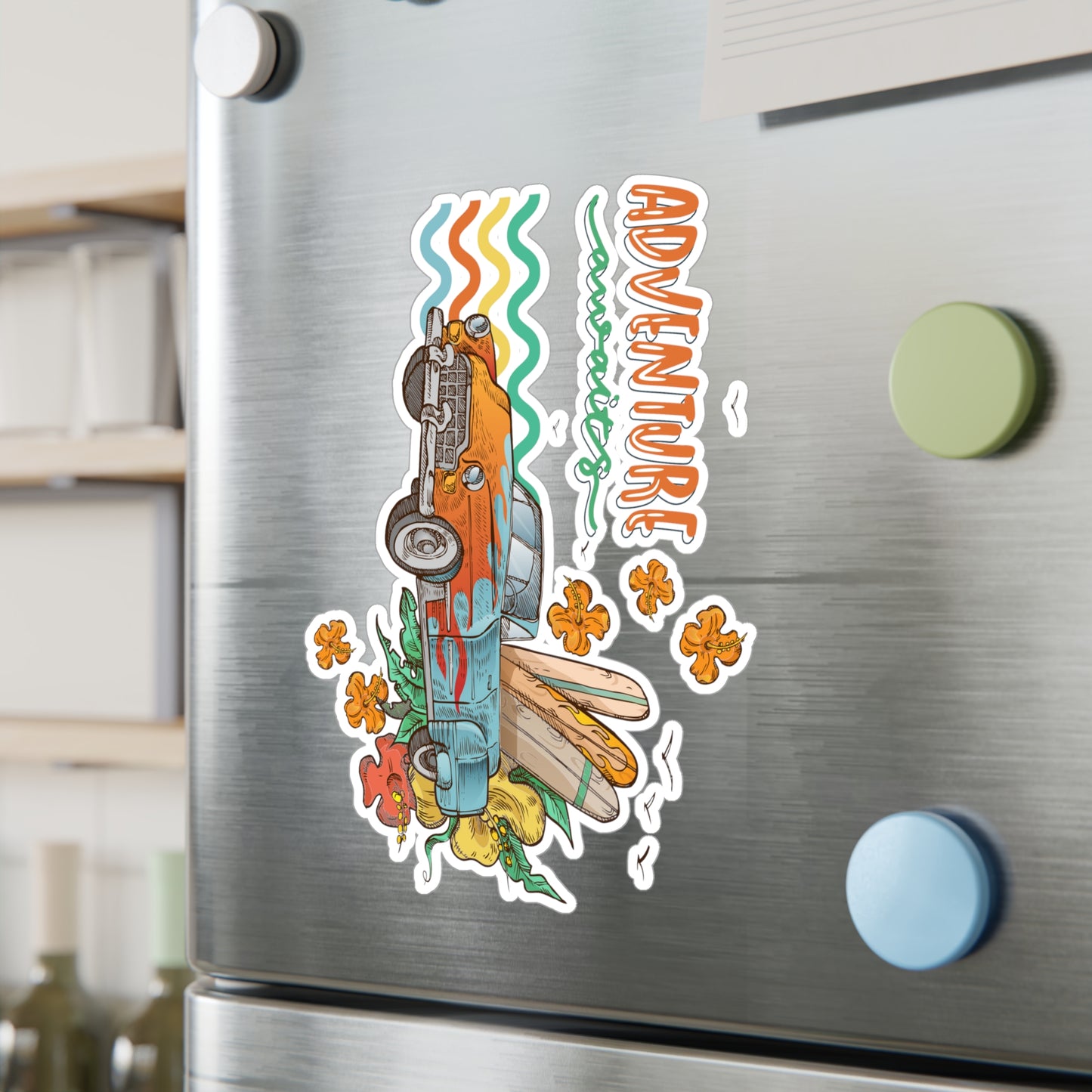 Adventure Awaits Vinyl Decal — Retro Surf Car Kiss-Cut Sticker