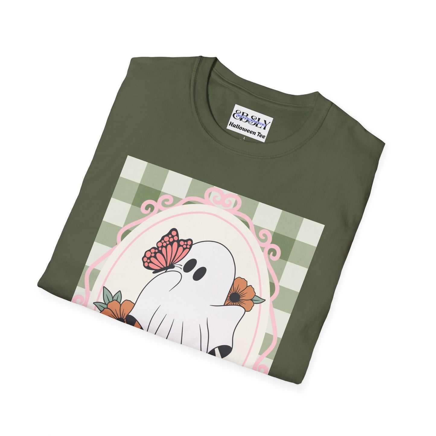 Cute Ghost and Butterfly Unisex Softstyle T-Shirt for Halloween, Casual Wear, Gift for Friends, Home Decor, Seasonal Fashion