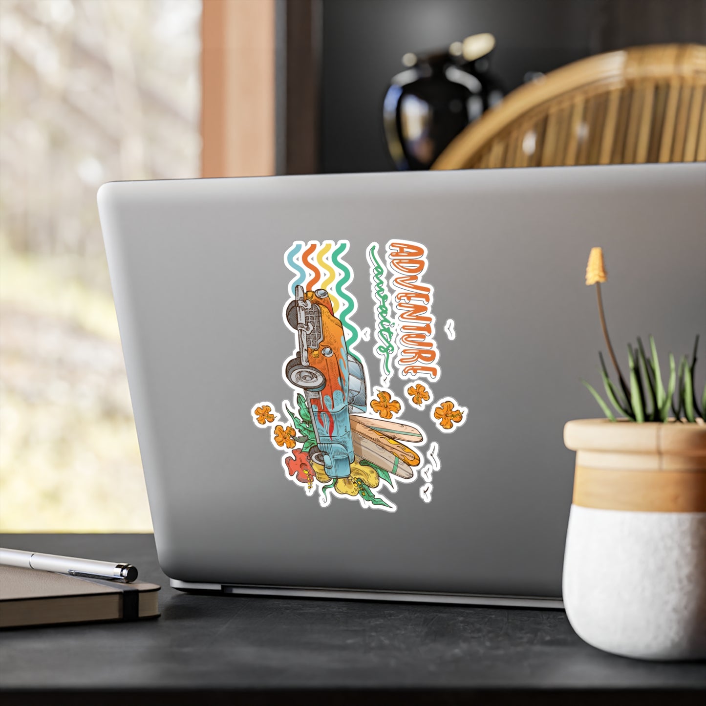 Adventure Awaits Vinyl Decal — Retro Surf Car Kiss-Cut Sticker