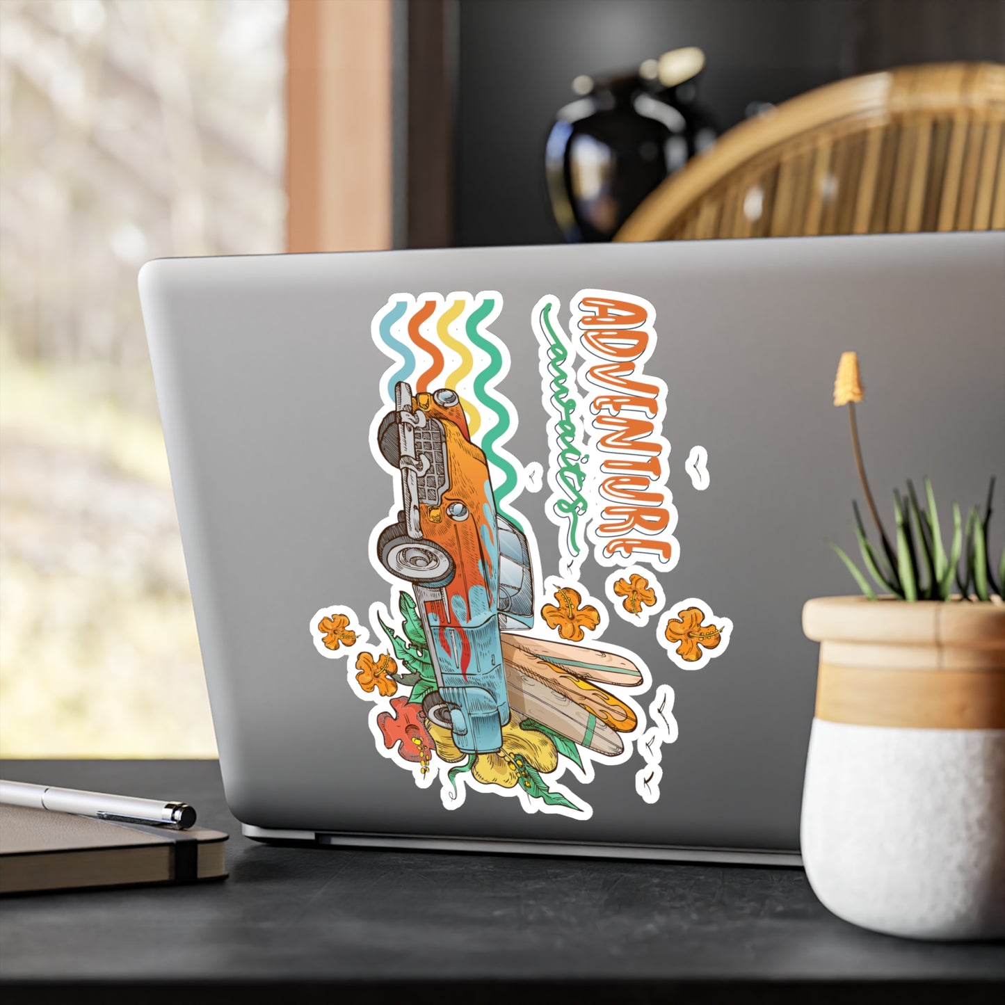 Adventure Awaits Vinyl Decal — Retro Surf Car Kiss-Cut Sticker