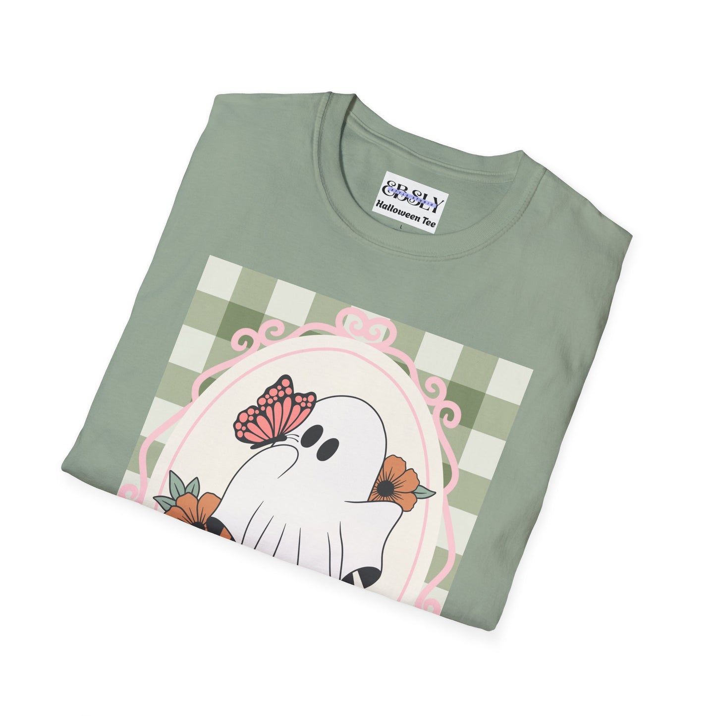 Cute Ghost and Butterfly Unisex Softstyle T-Shirt for Halloween, Casual Wear, Gift for Friends, Home Decor, Seasonal Fashion