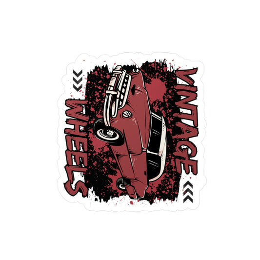 Vintage Wheels Kiss-Cut Vinyl Decal — Retro Red Classic Car Sticker